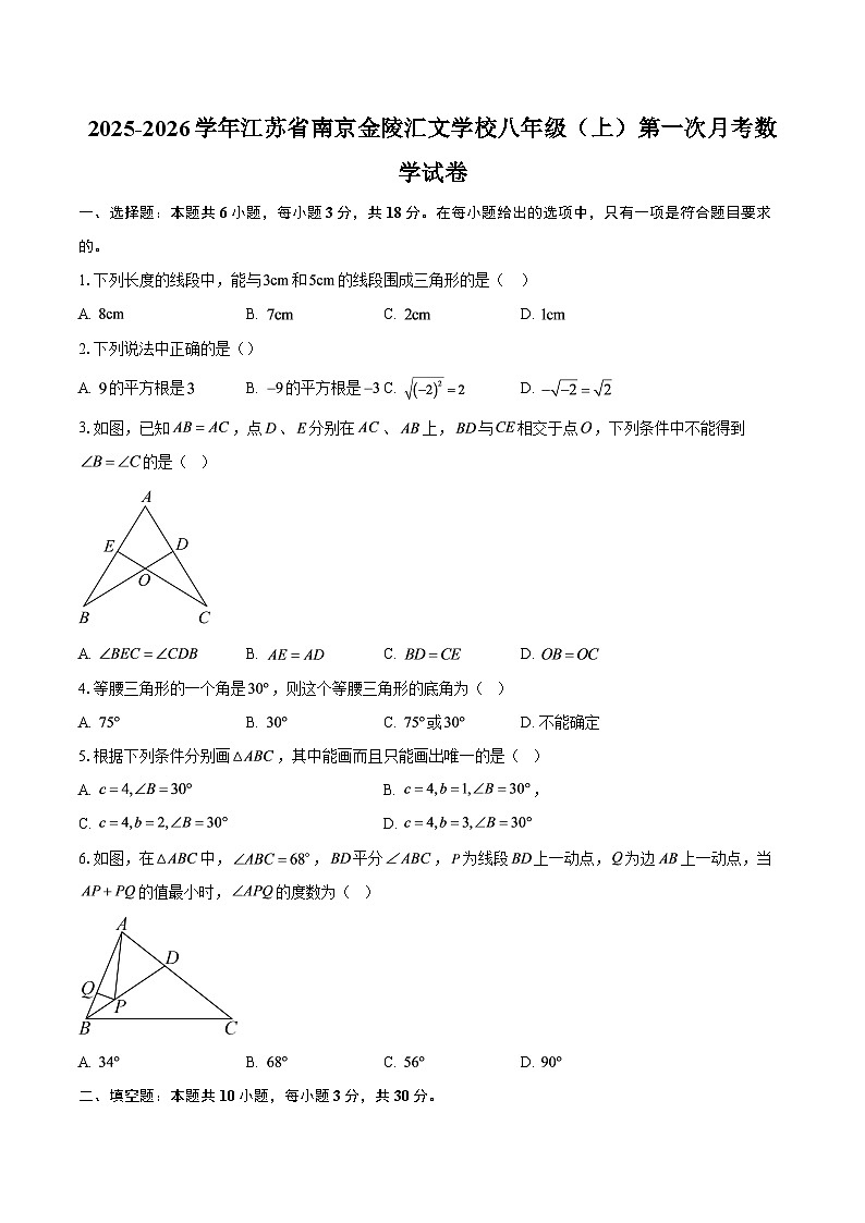 2025-2026学年江苏省南京金陵汇文学校八年级（上）第一次月考数学试卷-自定义类型第1页