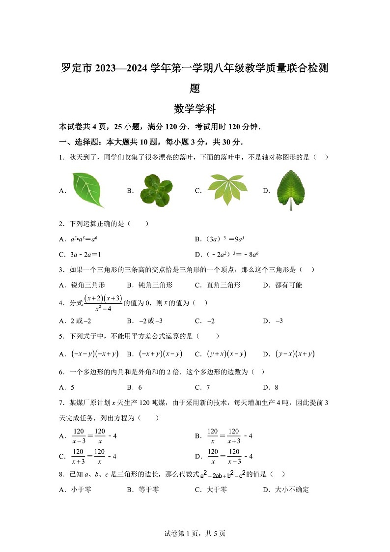 广东省云浮市罗定市五校联考2023-2024学年八年级上学期期末数学试题（含答案）第1页