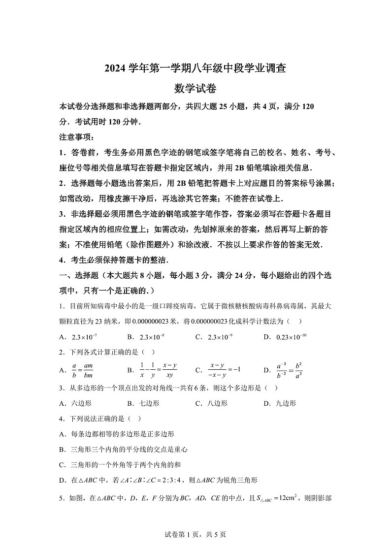 广东省广州市天河区华南师范大学附属中学2024-2025学年八年级上学期11月期中数学试题（含答案）第1页