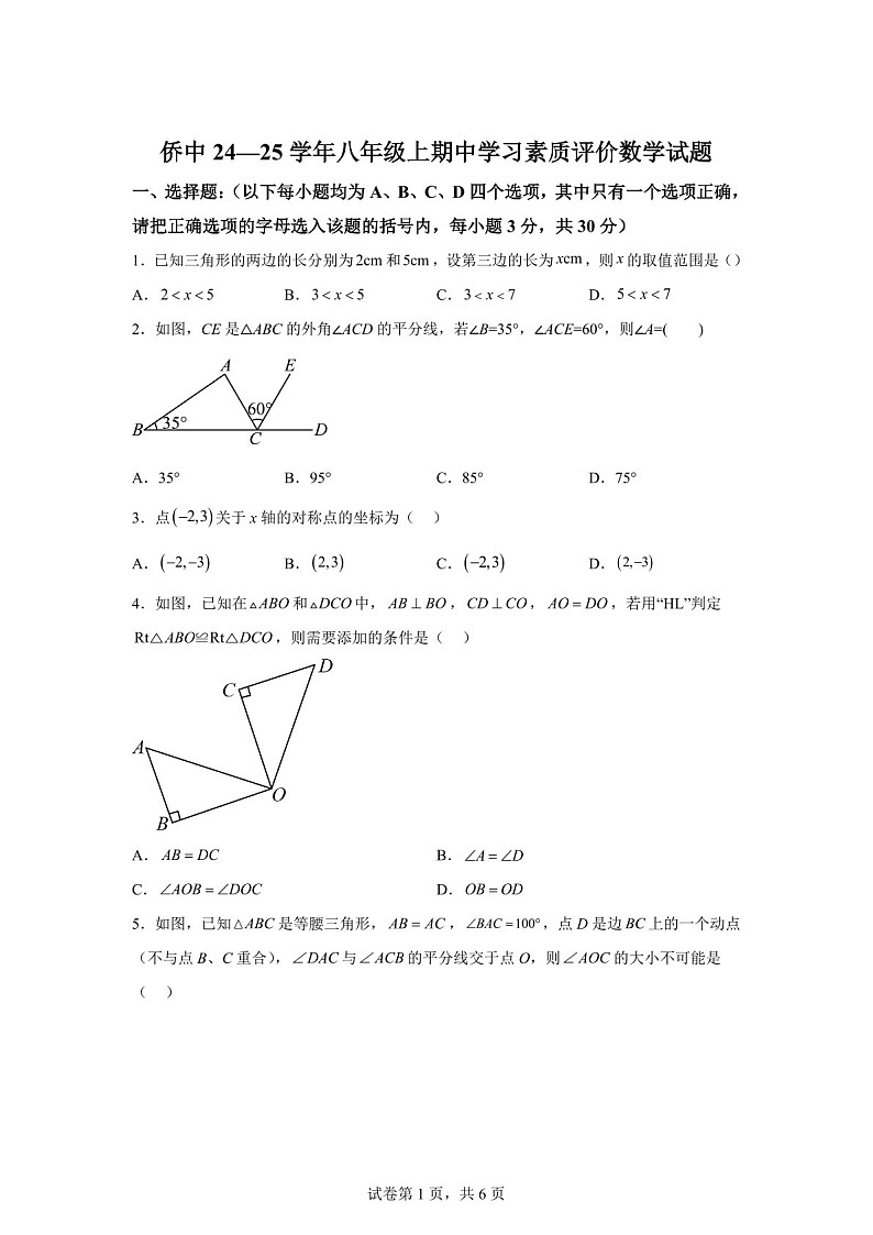 广东省江门市新会华侨中2024-2025学年八年级上学期期中考试数学试卷（含答案）第1页