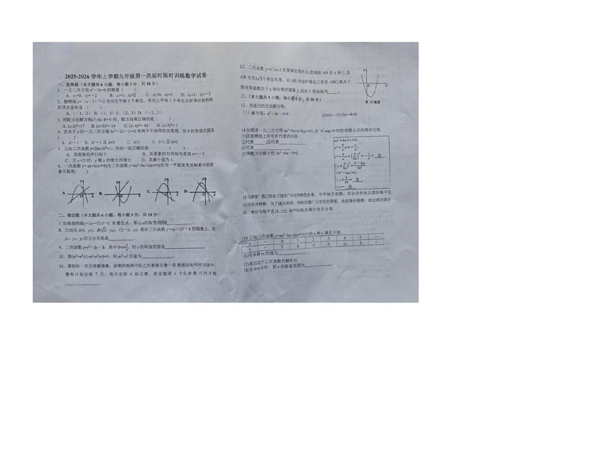 江西省赣州市大余县吉村中学2025-2026学年九年级上学期第一次阶段检测数学试题（月考）第1页