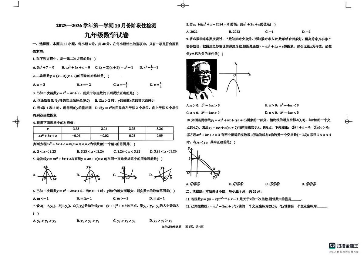 山东省德州市德城区五校联考2025-2026学年上学期10月份阶段性检测九年级数学（月考）第1页