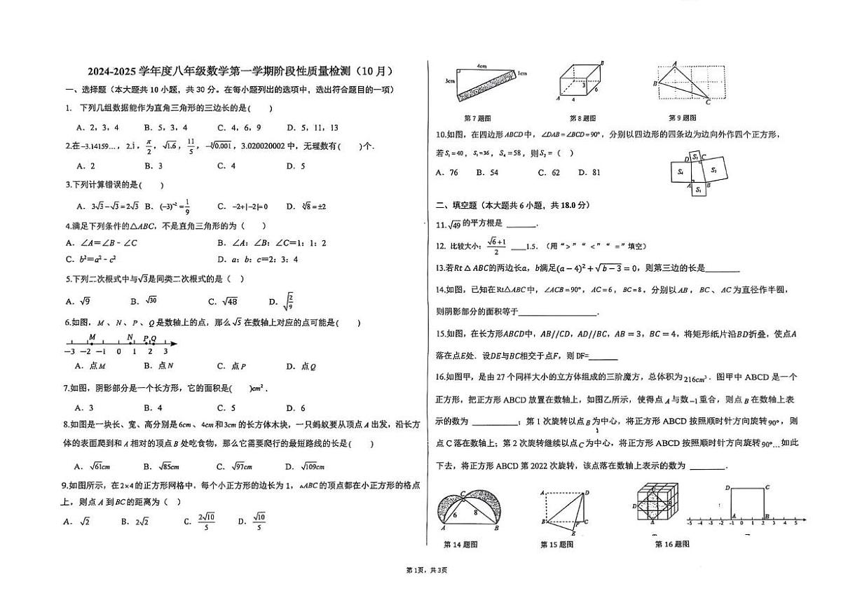 山东省青岛市崂山育才中学2025-2026学年上学期八年级10月阶段测试数学试题（月考）第1页