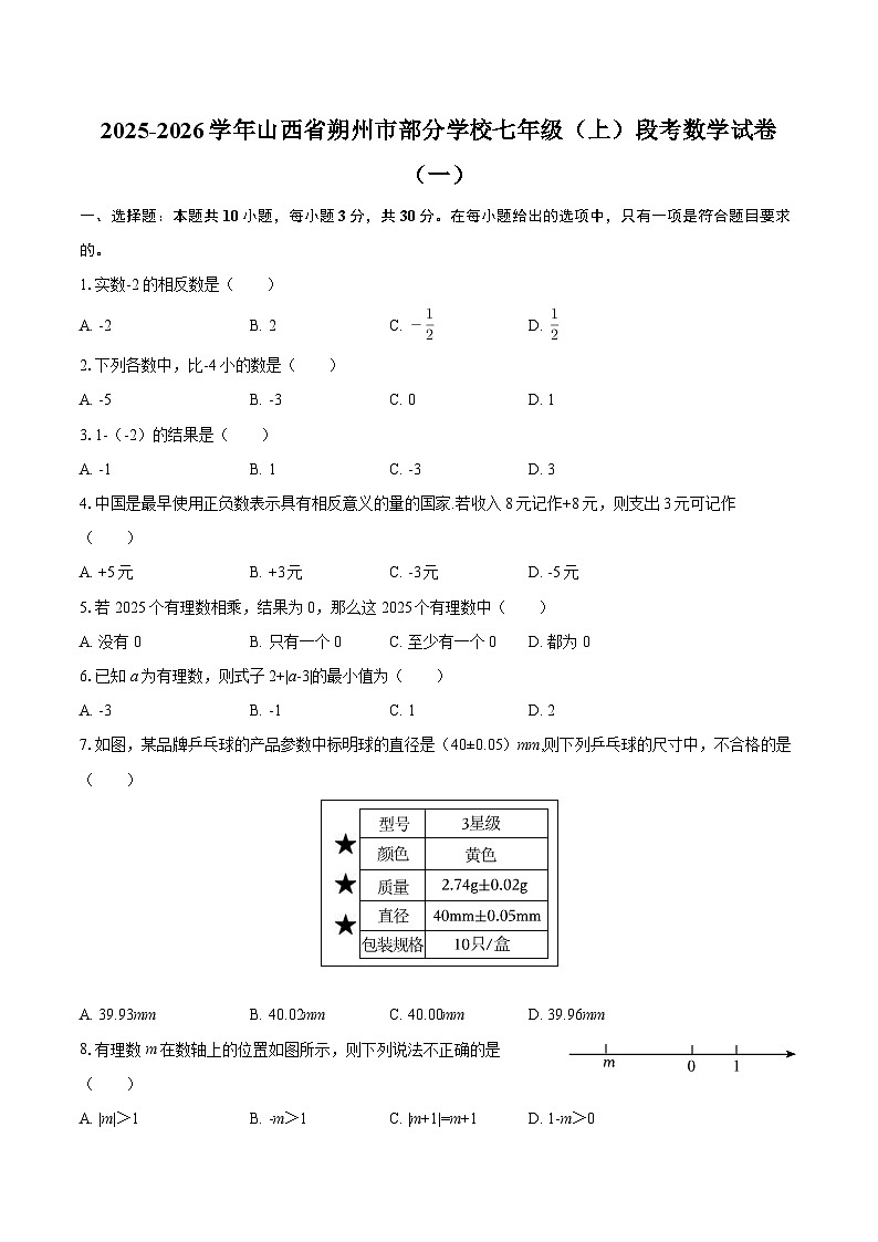 2025-2026学年山西省朔州市部分学校七年级（上）段考数学试卷（一）-自定义类型第1页