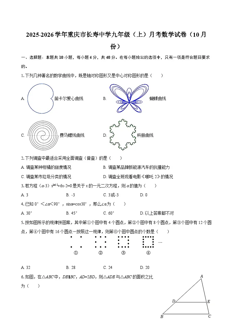 2025-2026学年重庆市长寿中学九年级（上）月考数学试卷（10月份）-自定义类型第1页