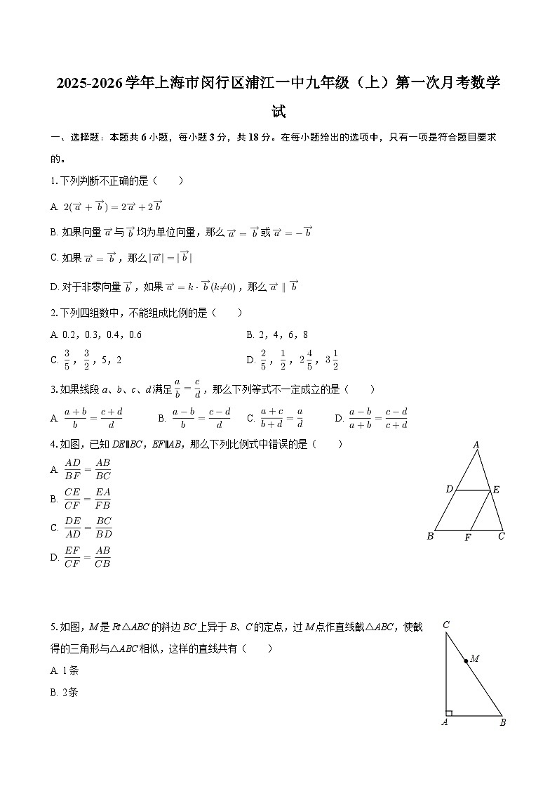 2025-2026学年上海市闵行区浦江一中九年级（上）第一次月考数学试-自定义类型第1页