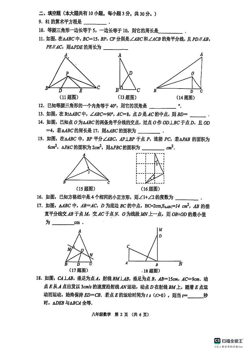 江苏省宿迁市沭阳县怀文中学2025-2026学年上学期八年级10月月考数学试卷第2页