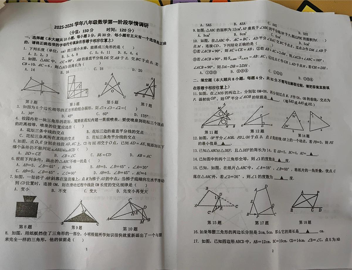 江苏省宿迁市泗阳县实验初级中学2025-2026学年八年级上学期10月月考数学试题第1页