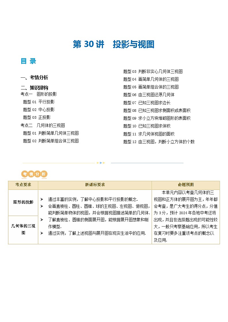 通用版【中考数学】精品【二轮复习】第30讲 投影与视图（讲义）（解析版）第1页