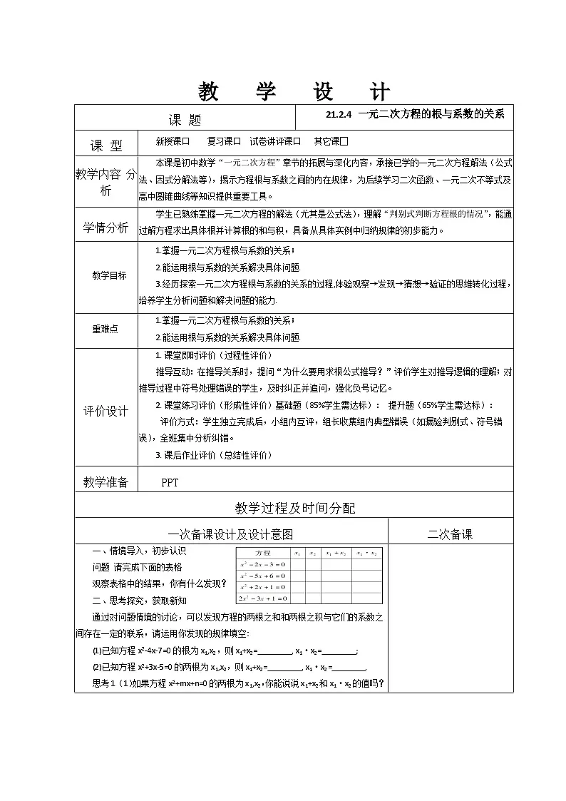 人教版九年级上册第二十一章 21.2.3 一元二次方程的根与系数的关系 教学设计第1页