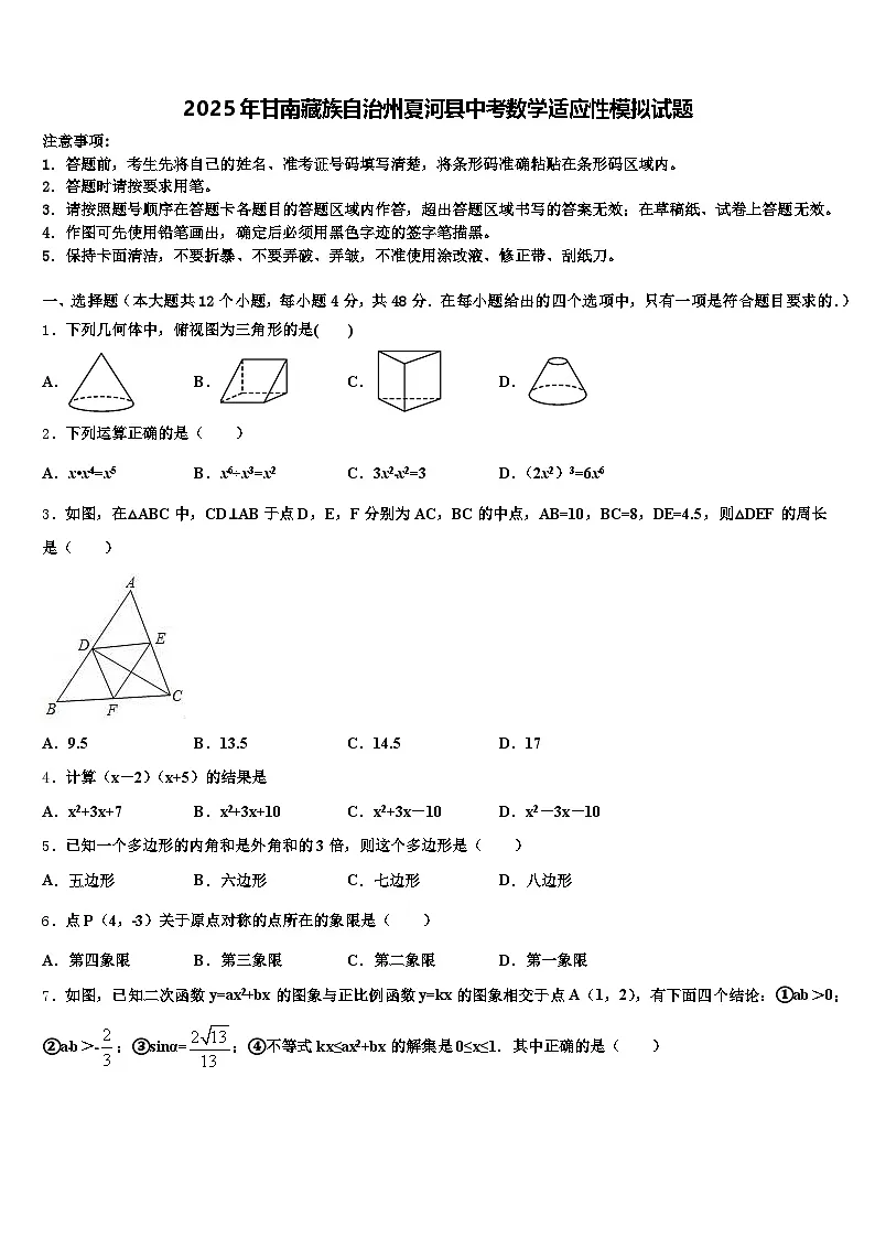 2025年甘南藏族自治州夏河县中考数学适应性模拟试题含解析第1页
