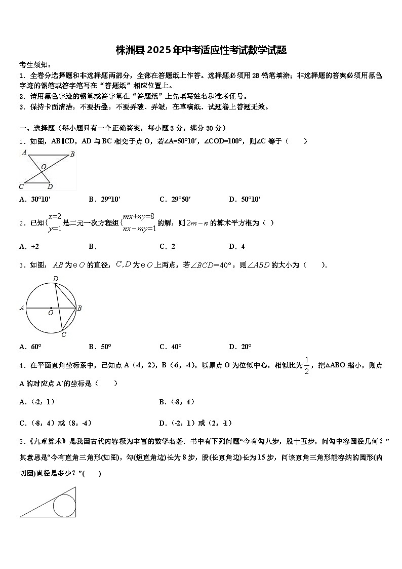 株洲县2025年中考适应性考试数学试题含解析第1页