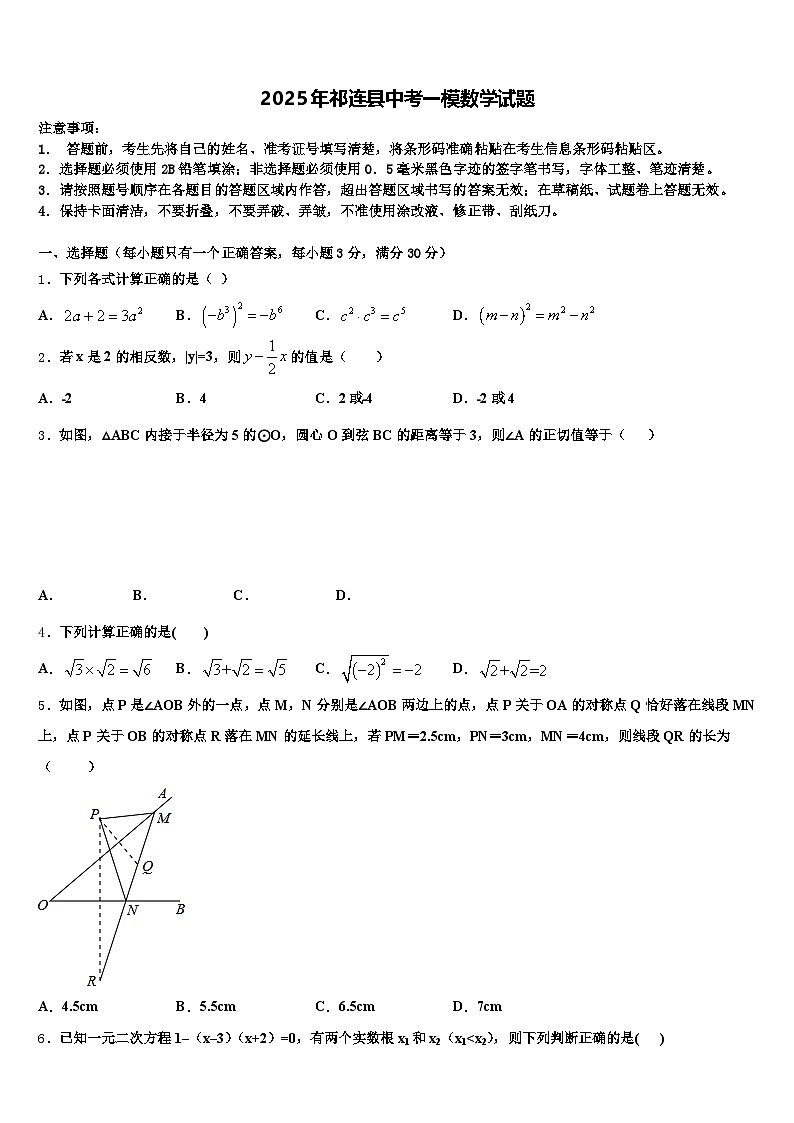 2025年祁连县中考一模数学试题含解析第1页