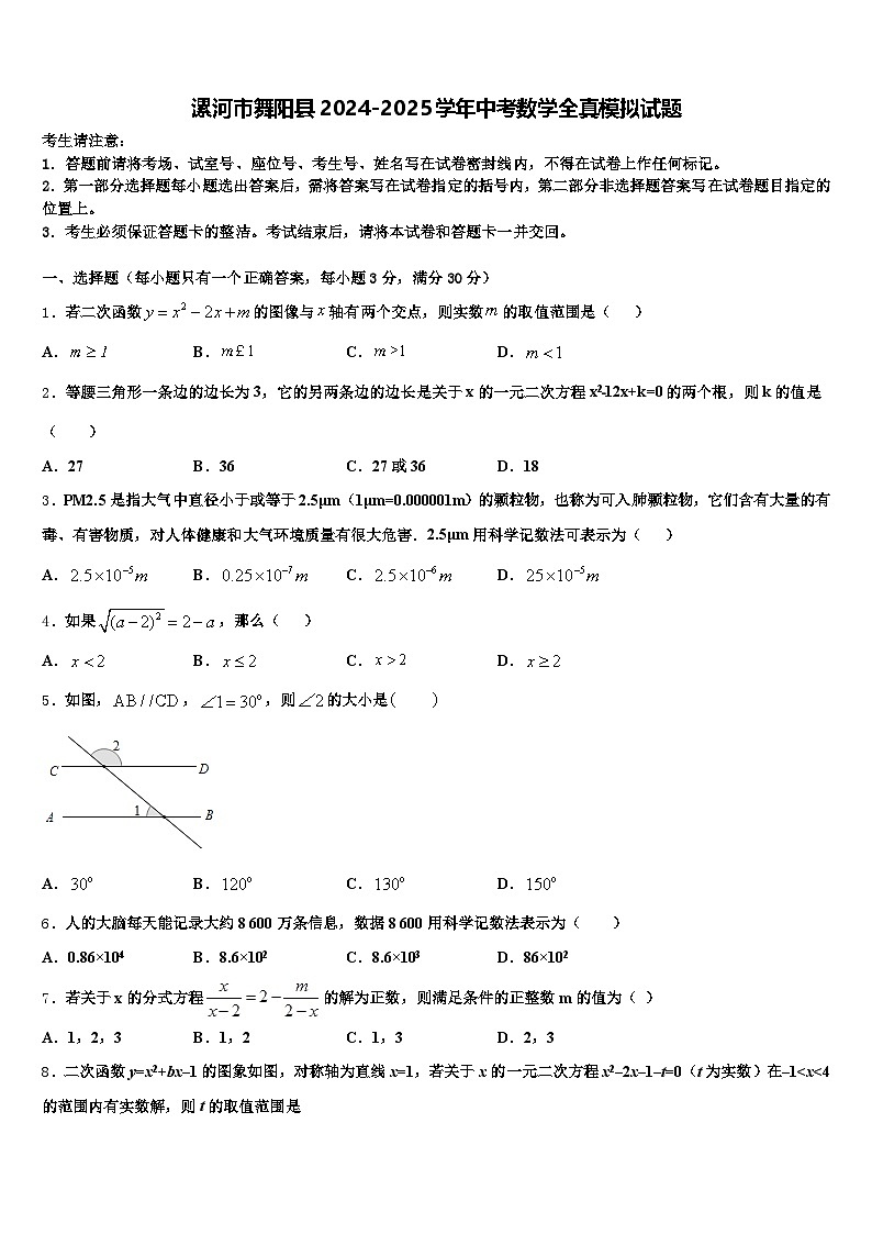 漯河市舞阳县2024-2025学年中考数学全真模拟试题含解析第1页