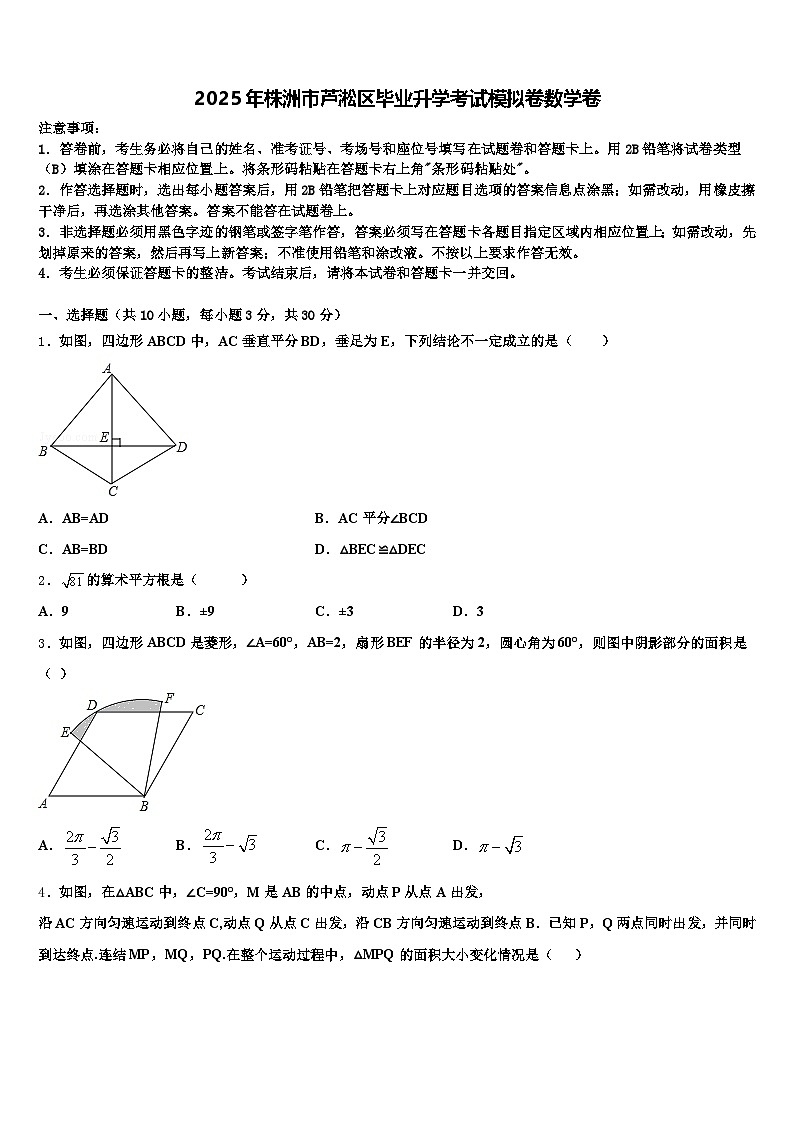 2025年株洲市芦淞区毕业升学考试模拟卷数学卷含解析第1页