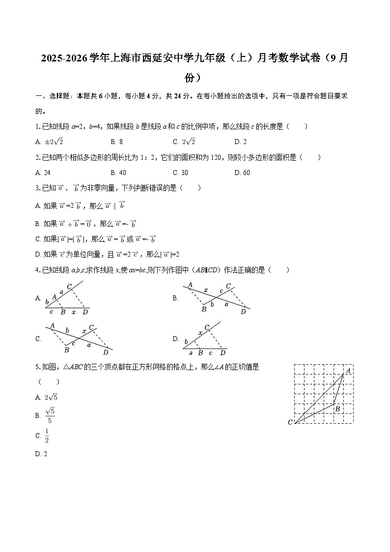 2025-2026学年上海市西延安中学九年级（上）月考数学试卷（9月份）-自定义类型第1页