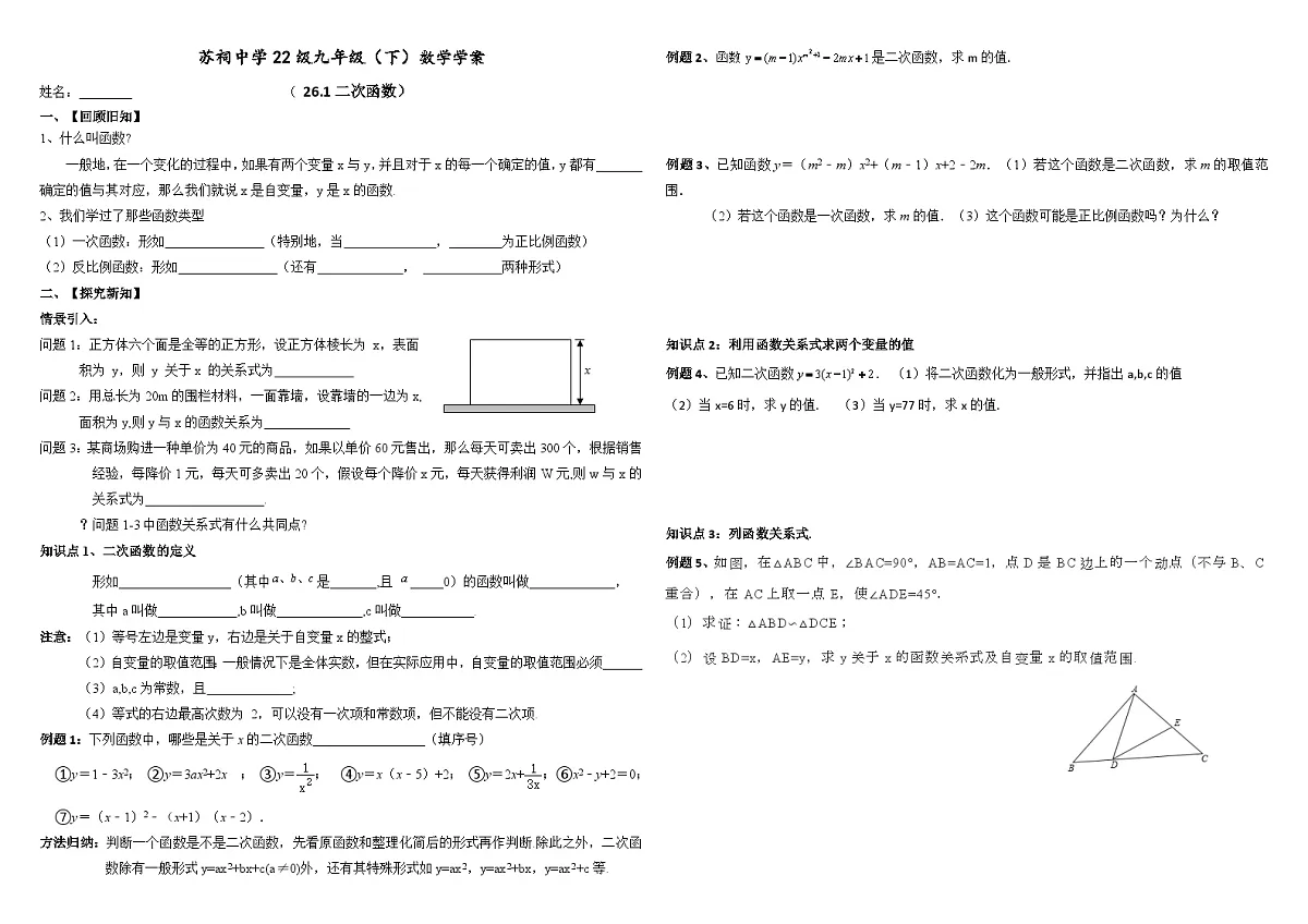 苏祠中学九年级数学上册导学案（26.1二次函数）第1页