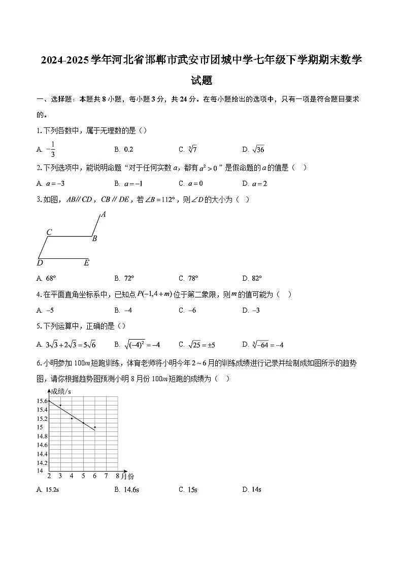 2024-2025学年河北省邯郸市武安市团城中学七年级下学期期末数学试题-自定义类型第1页
