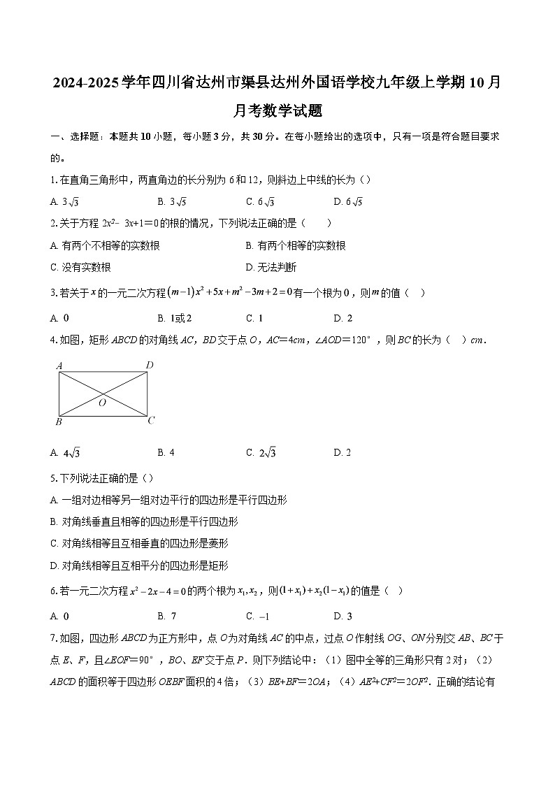 2024-2025学年四川省达州市渠县达州外国语学校九年级上学期10月月考数学试题-自定义类型第1页