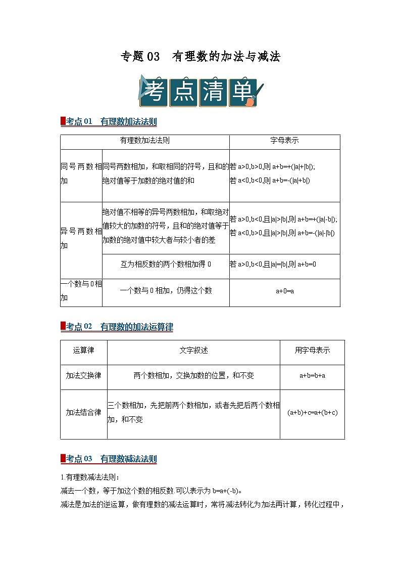 专题03 有理数的加法和减法（word）2025-2026学年七上数学人教版2024期中复习学案知识点+习题(原卷版)第1页