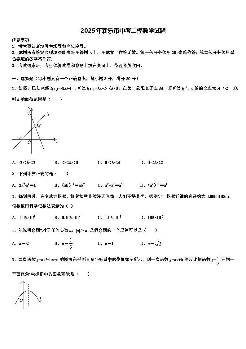 2025年新乐市中考二模数学试题含解析第1页