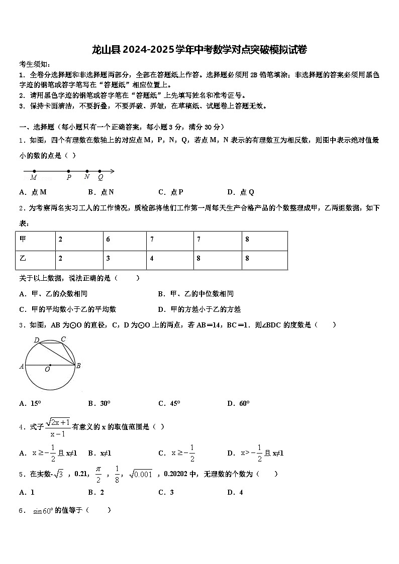 龙山县2024-2025学年中考数学对点突破模拟试卷含解析第1页