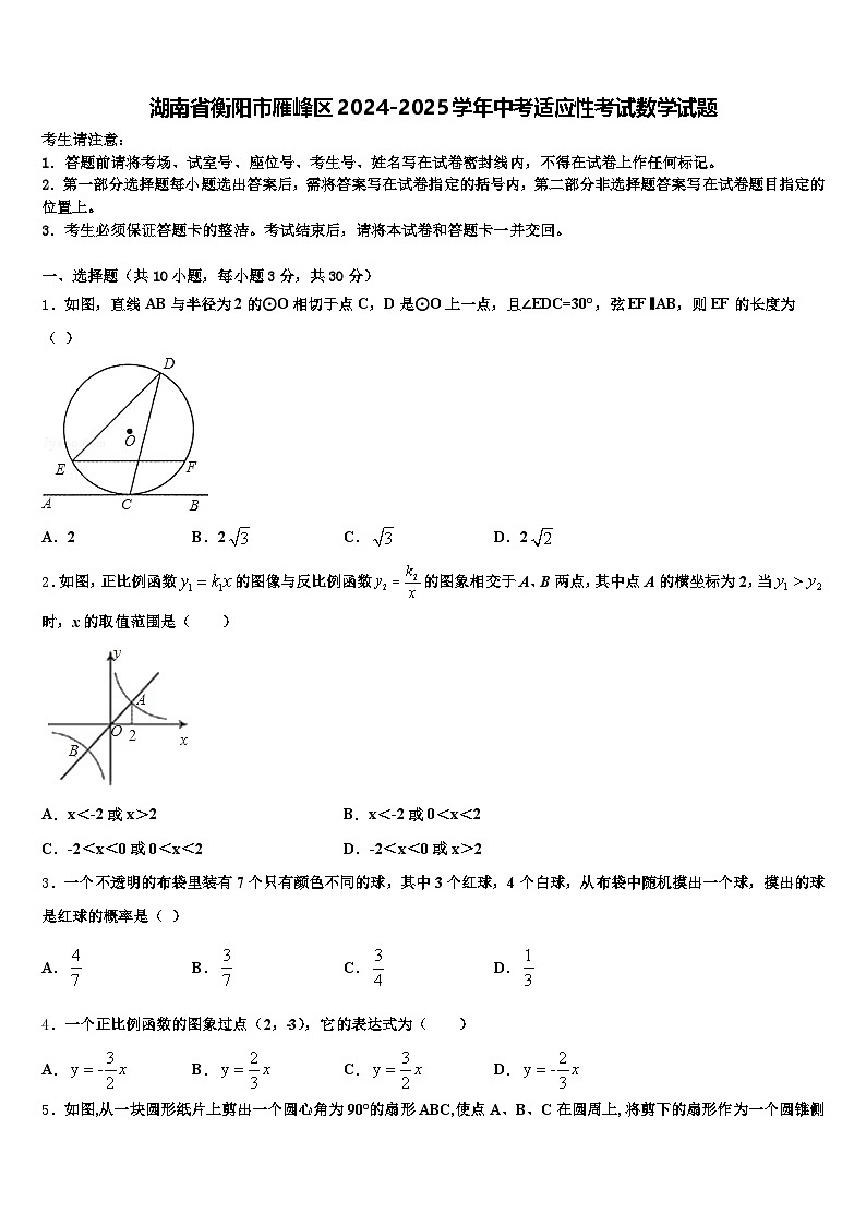 湖南省衡阳市雁峰区2024-2025学年中考适应性考试数学试题含解析第1页