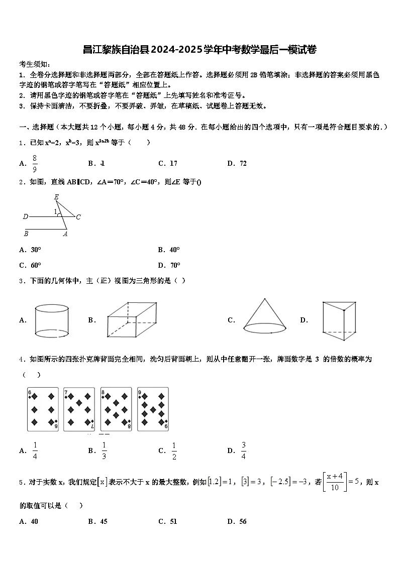 昌江黎族自治县2024-2025学年中考数学最后一模试卷含解析第1页