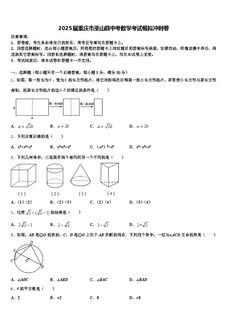 2025届重庆市巫山县中考数学考试模拟冲刺卷含解析第1页