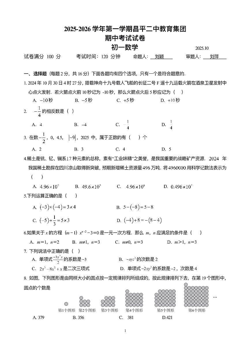 2025北京昌平二中初一（上）期中数学试卷第1页