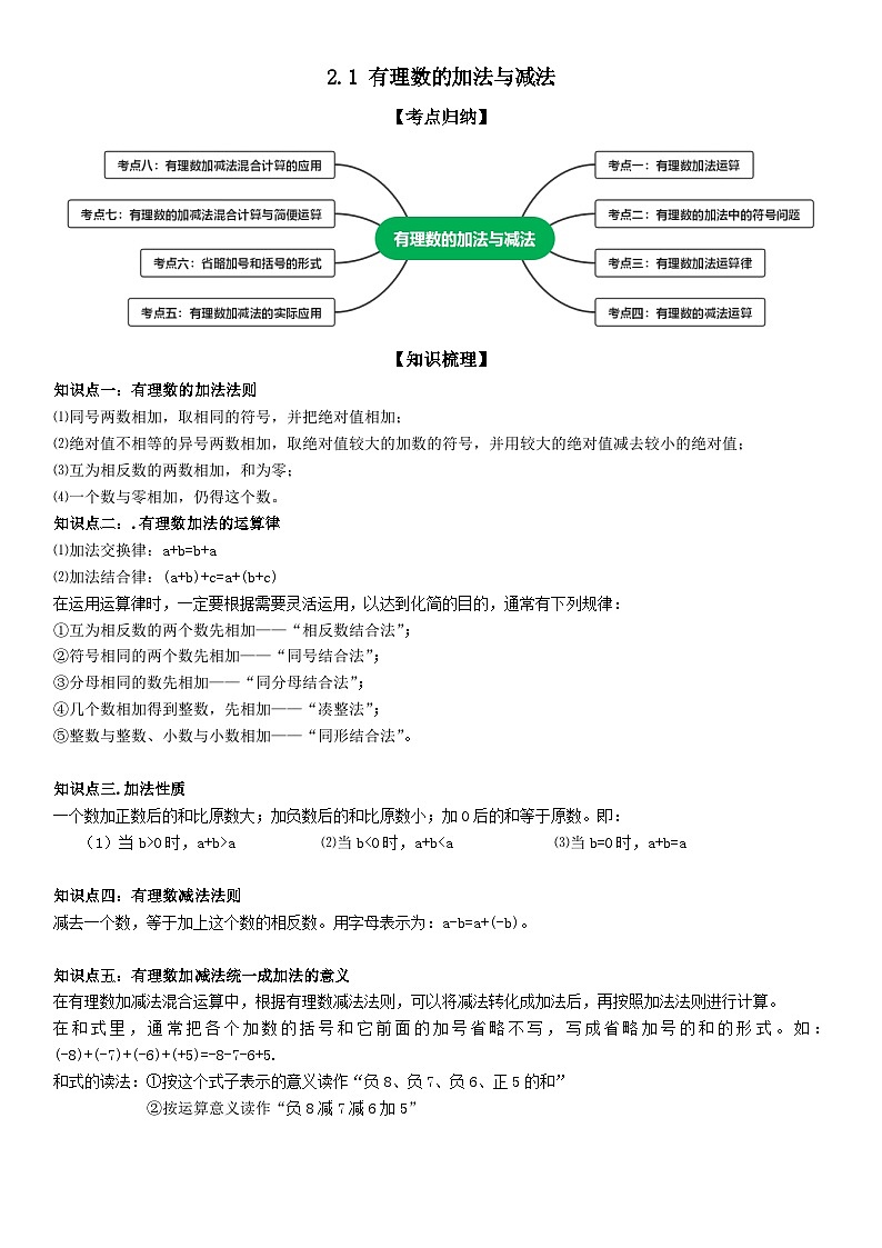 2.1 有理数的加法与减法 解析版第1页