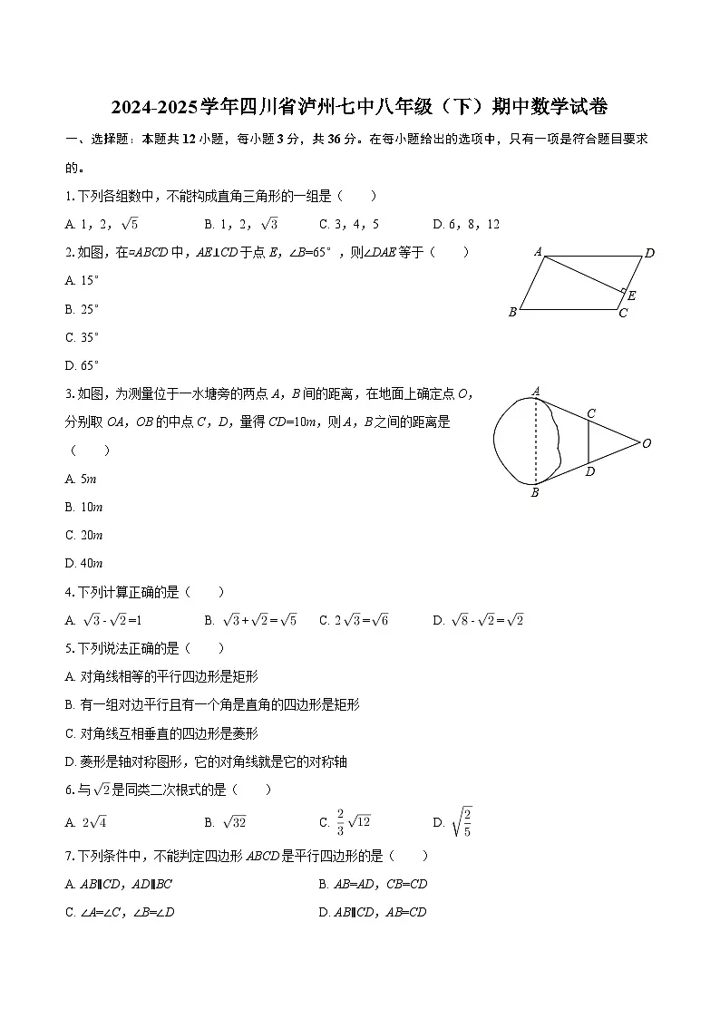 2024-2025学年四川省泸州七中八年级（下）期中数学试卷-自定义类型 (1)第1页