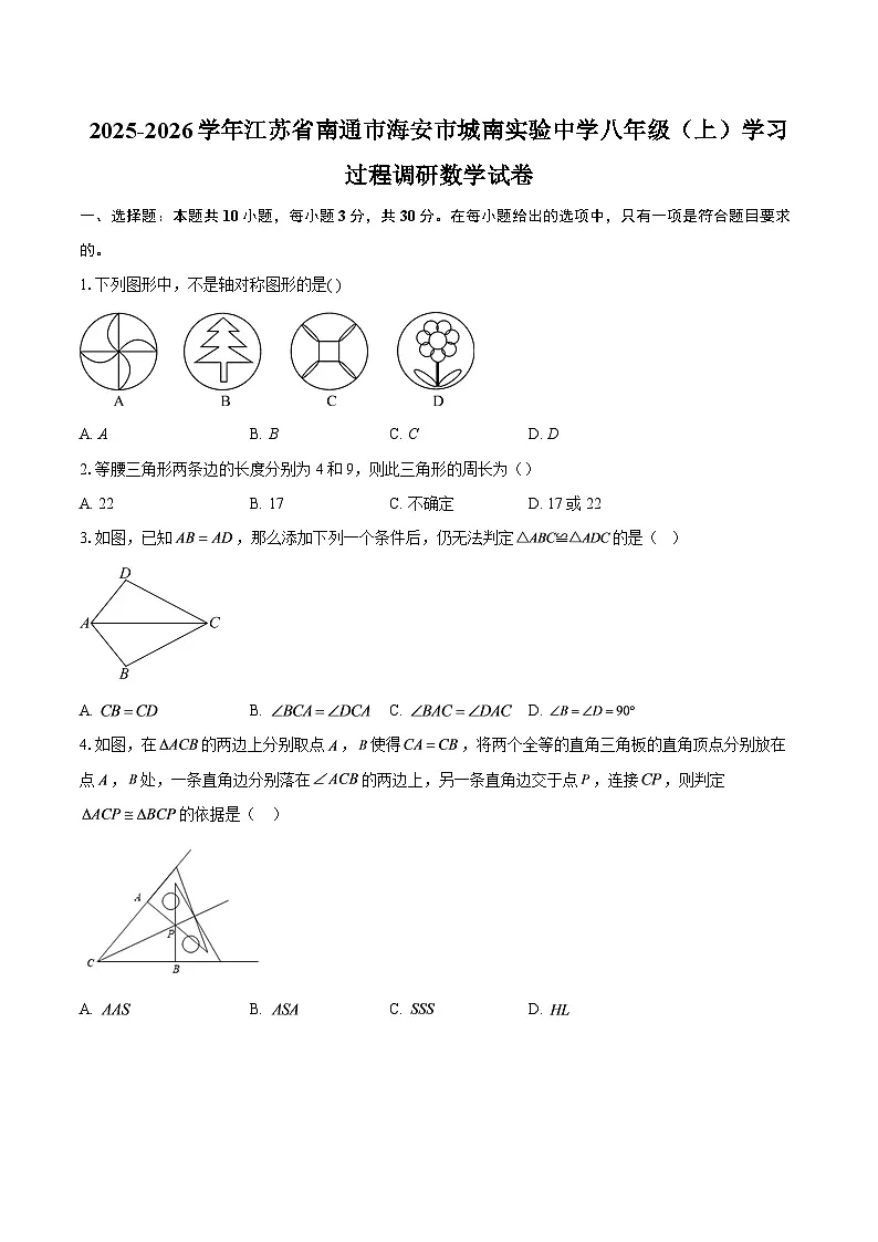 2025-2026学年江苏省南通市海安市城南实验中学八年级（上）学习过程调研数学试卷-自定义类型第1页