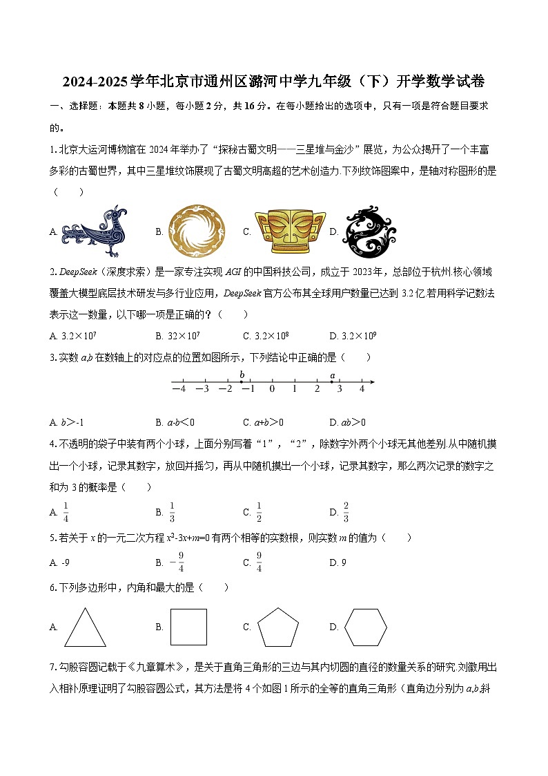 2024-2025学年北京市通州区潞河中学九年级（下）开学数学试卷-自定义类型第1页