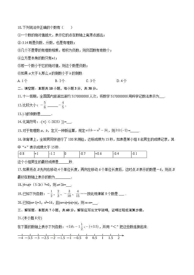 2025-2026学年黑龙江省哈尔滨十七中七年级（上）月考数学试卷（9月份）（五四学制）-自定义类型第2页