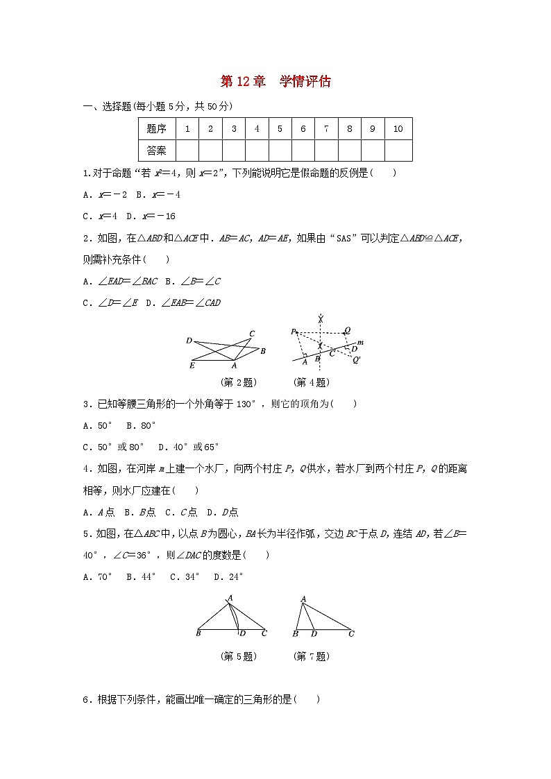 福建省2025八年级数学上册第十二章全等三角形学情评估试卷（附解析华东师大版）第1页