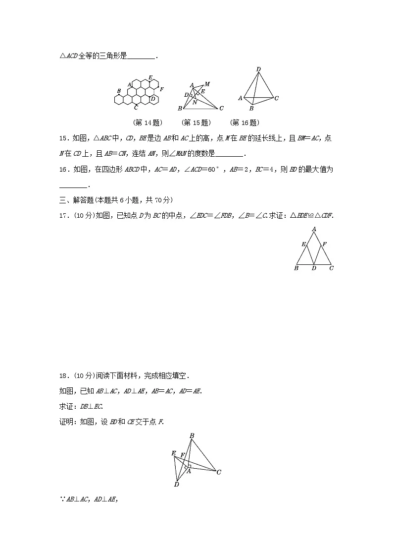 福建省2025八年级数学上册第十二章全等三角形学情评估试卷（附解析华东师大版）第3页