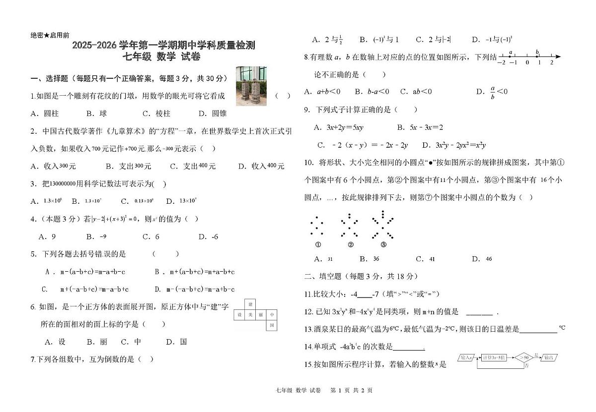 甘肃省酒泉市第二中学教育集团2025-2026学年七年级上学期期中学科质量检测数学试卷第1页