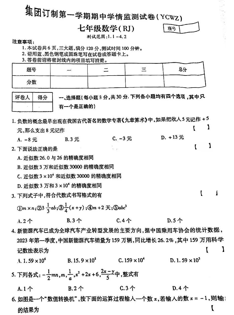 河南省商丘市永城市第五初级中学2024-2025学年上学期期中考试七年级数学试卷第1页
