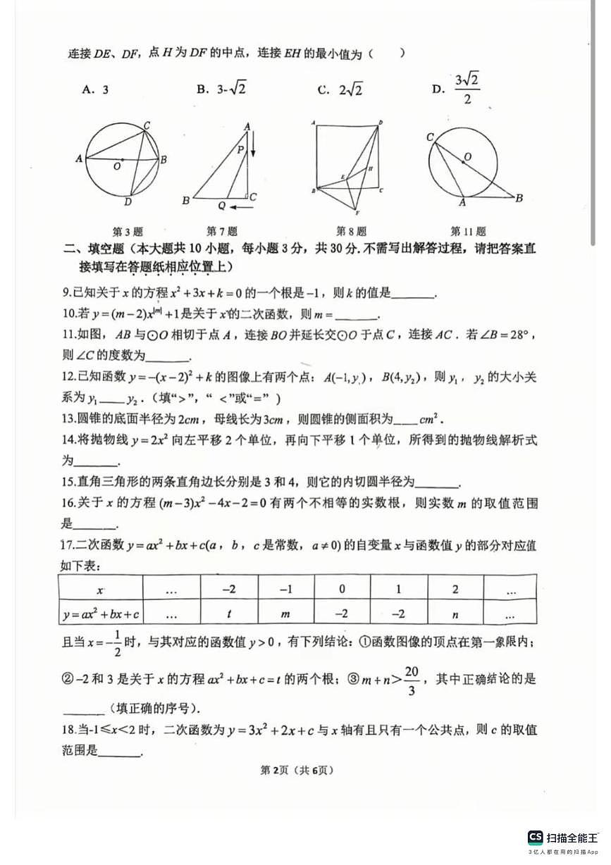 江苏省宿迁市钟吾初级中学2025-2026学年上学期九年级11月月考数学试卷第2页