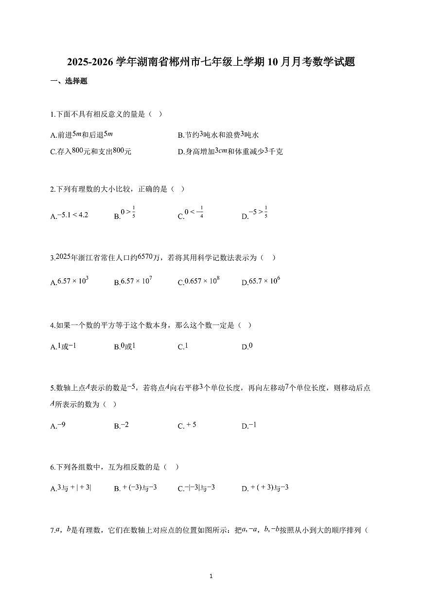 2025-2026学年湖南省郴州市七年级上册10月月考数学试卷（含解析）第1页