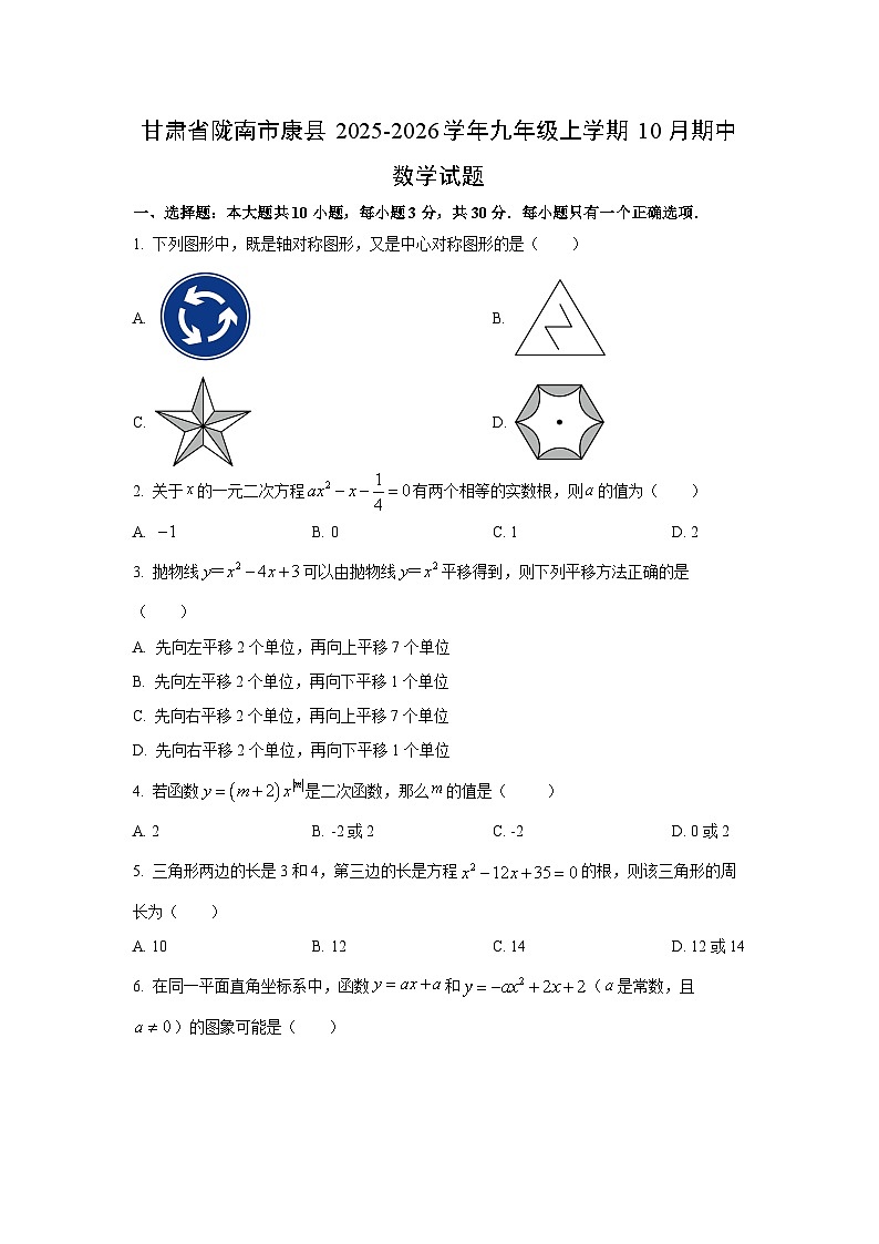 2025~2026学年甘肃省陇南市康县九年级（上）10月期中数学试题（学生版）第1页