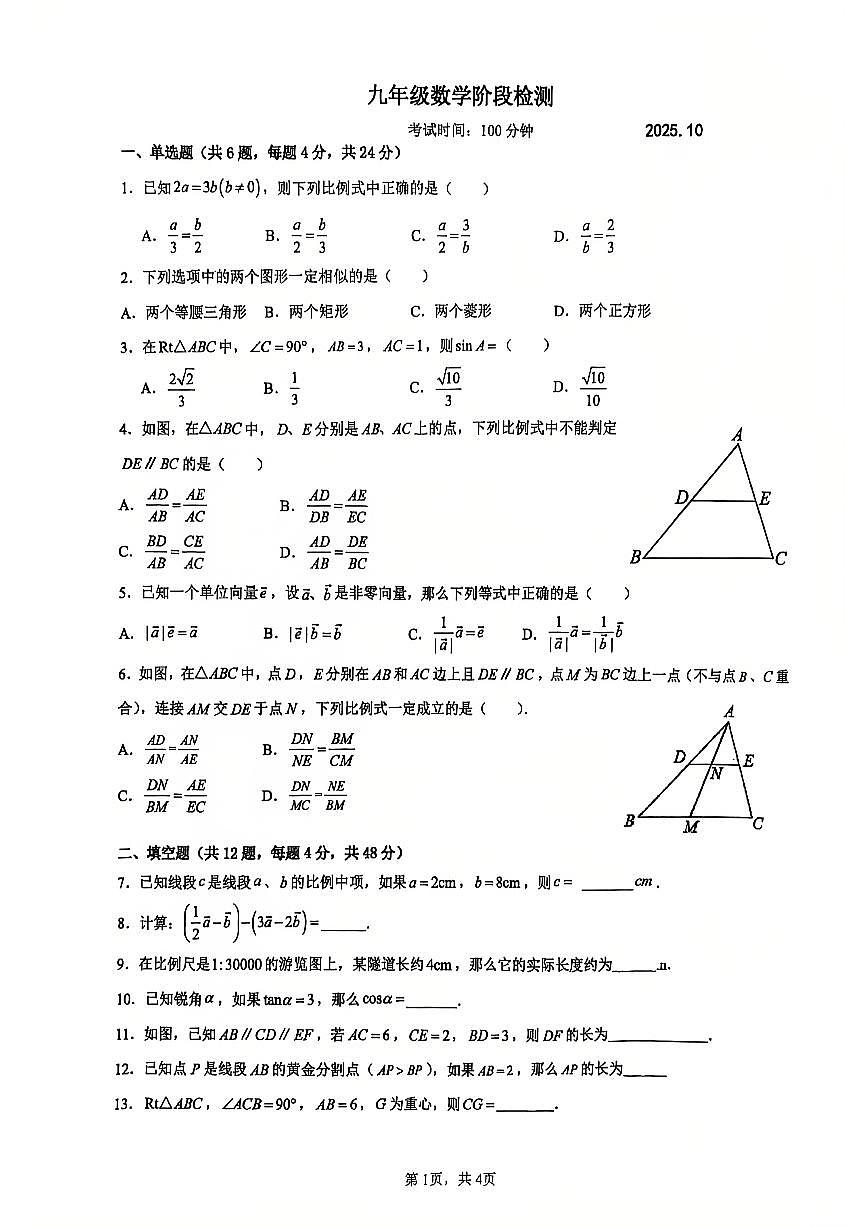 上海市民乐中学2025-2026学年上学期九年级10月阶段性练习数学试卷（月考）第1页