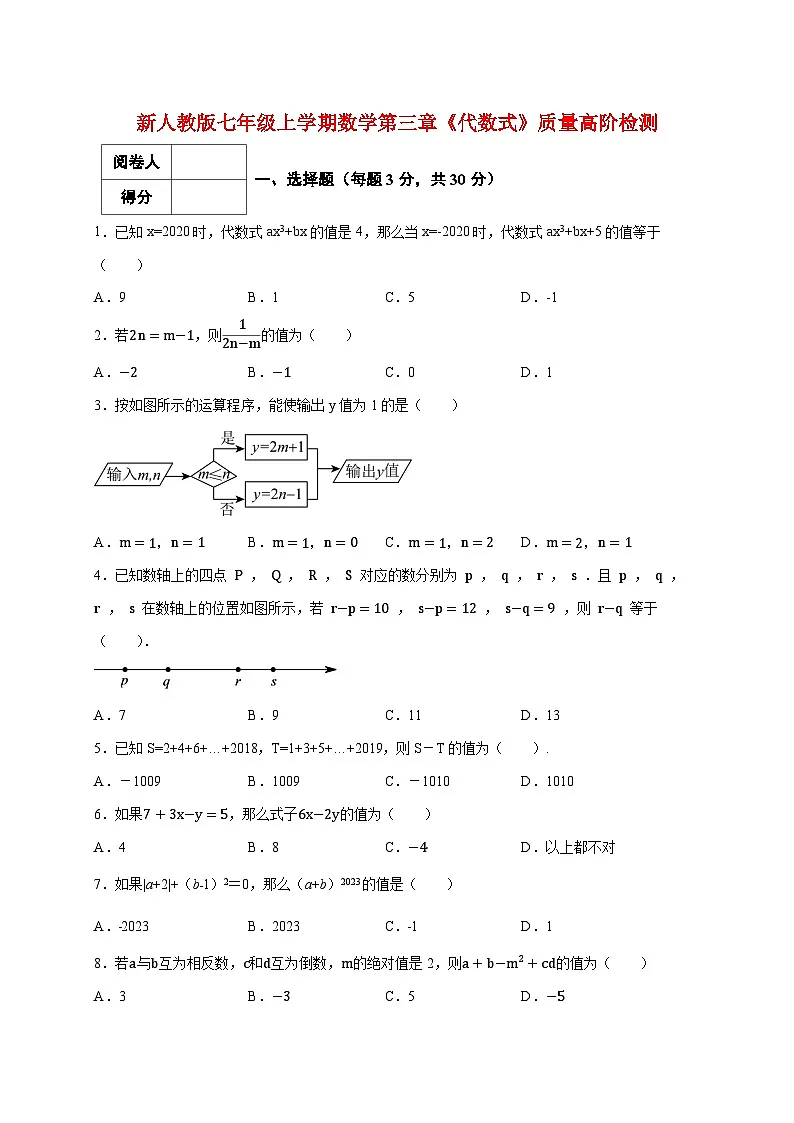 2025_2026学年（新人教版）七年级上学期数学第三章《代数式》质量高阶检测1 [有答案]第1页