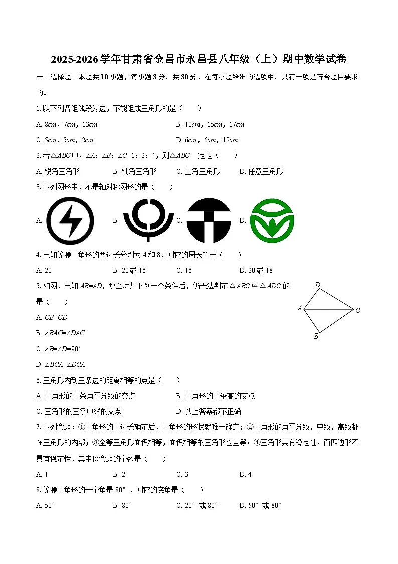 2025-2026学年甘肃省金昌市永昌县八年级（上）期中数学试卷-自定义类型第1页