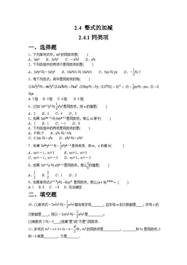 2.4.1同类项同步练习 华师大版（2024）数学七年级上册（含答案）第1页