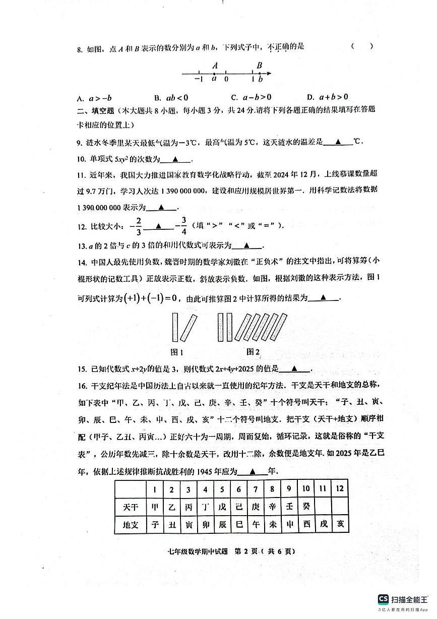 江苏省淮安市涟水县2025-2026学年七年级数学上学期期中试卷第2页