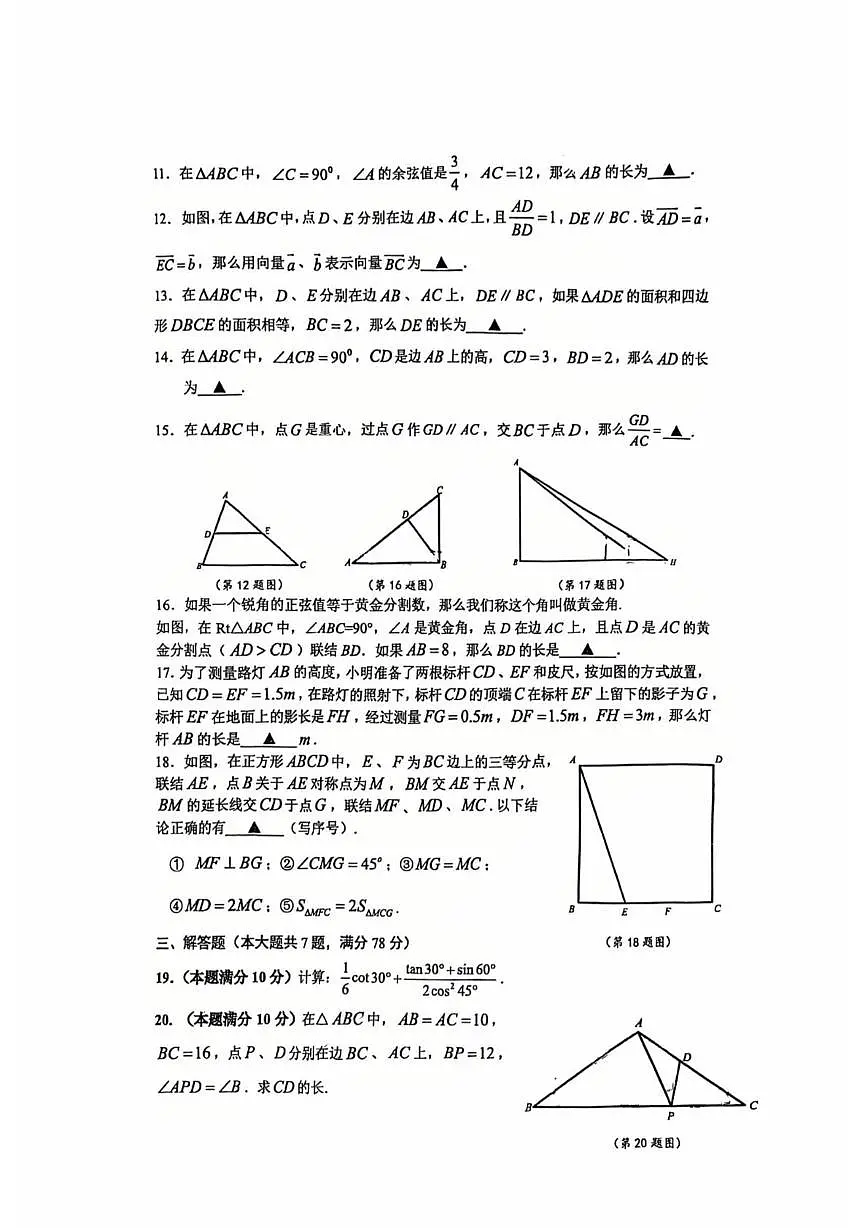 上海市市西初级中学2025-2026学年上学期期中九年级数学试卷第2页