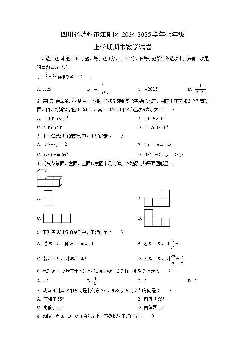 2024~2025学年四川省泸州市江阳区七年级（上）期末数学试题（学生版）第1页