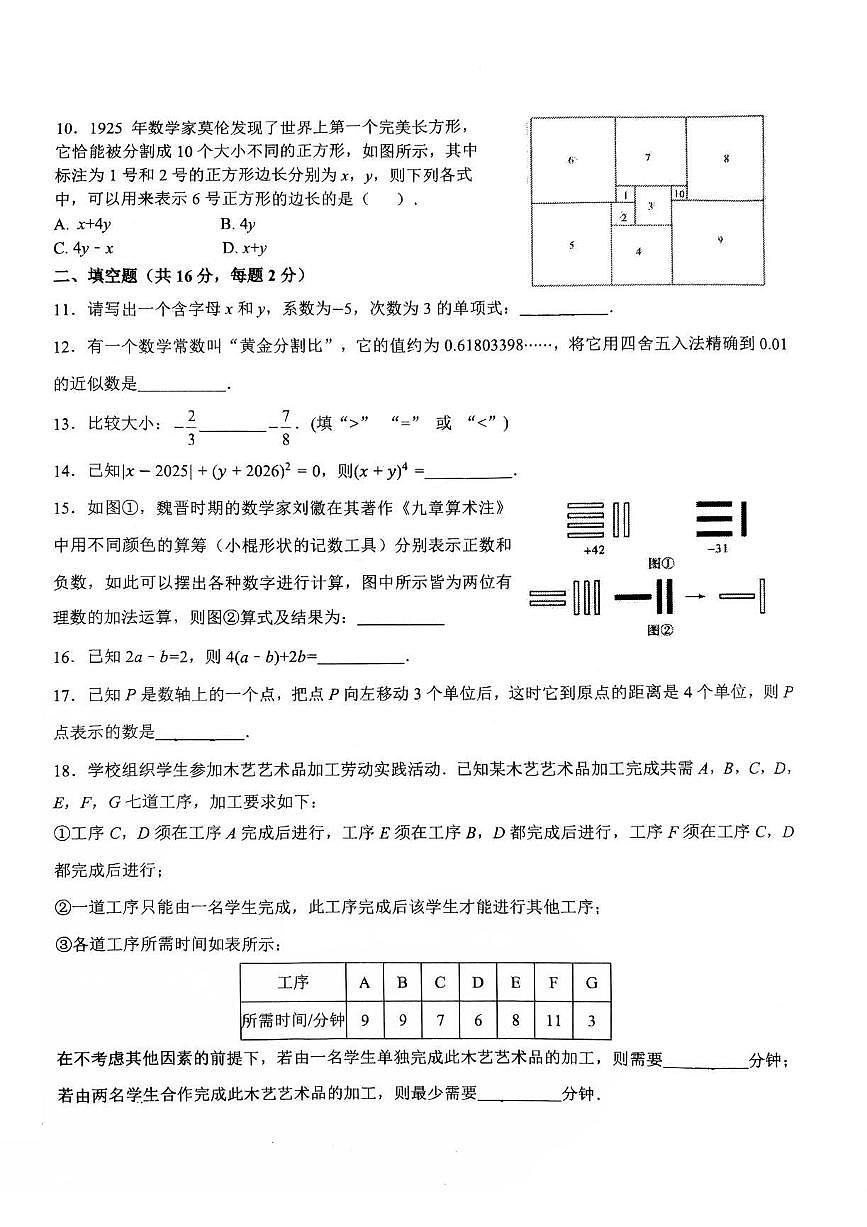 2025北京广渠门中学初一（上）期中数学试卷第2页